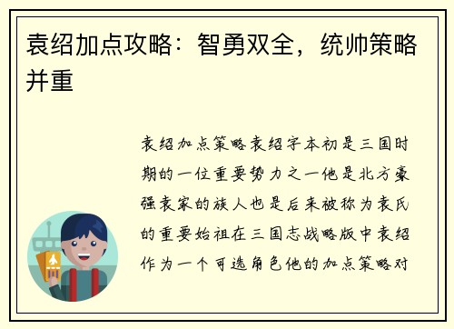 袁绍加点攻略:智勇双全,统帅策略并重
