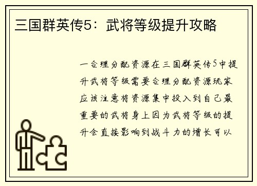 三国群英传5：武将等级提升攻略